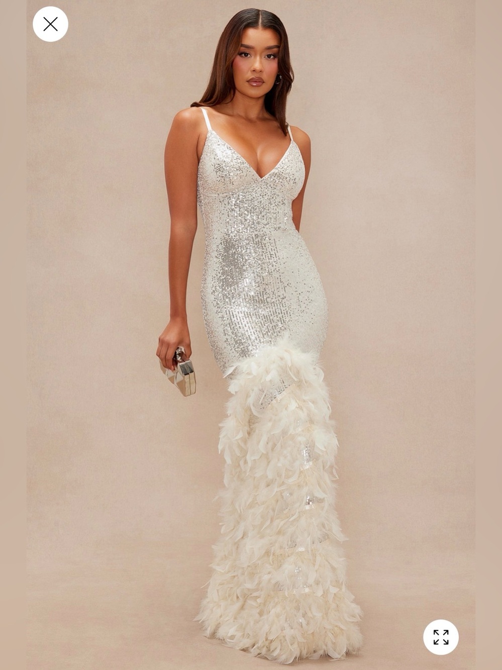 Champagne Sequin & Feather Mermaid Gown - Women's Evening Dress